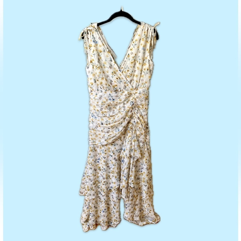 Fanco Becca Tiered Maxi Dress White | Yellow & Blue Floral | Large | High Low